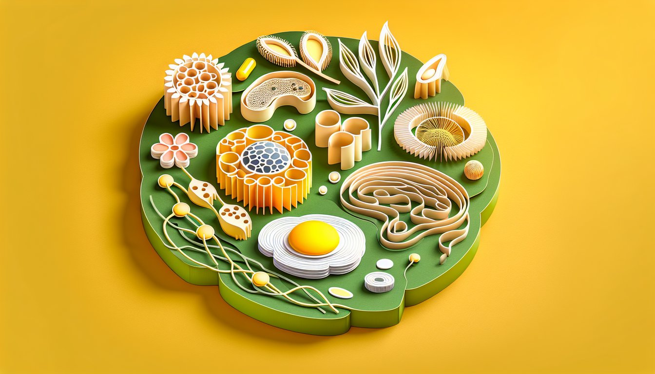 Paper art plant and animal cells on golden yellow background for seventh grade cell quiz with labeled organelles