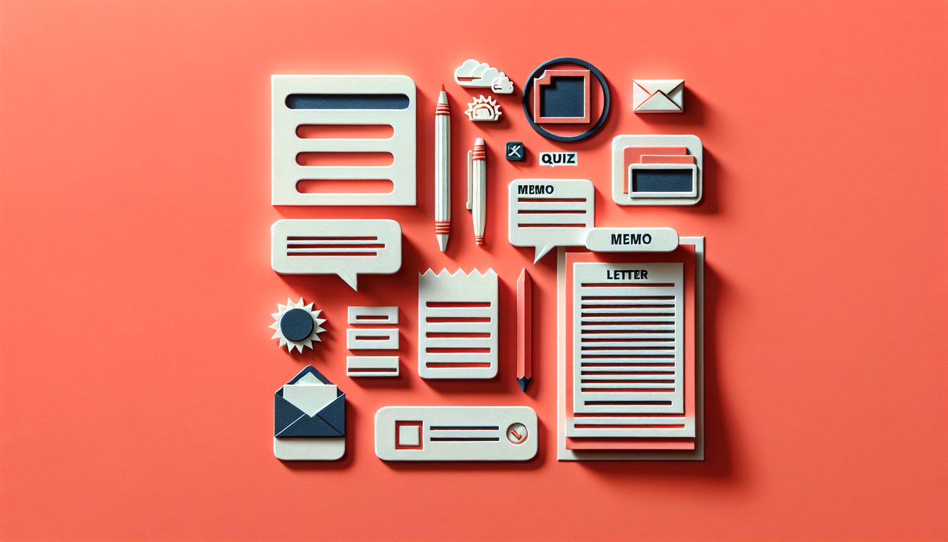 Paper cut illustration of letters and memos floating on a coral background highlighting formatting headers and spacing quiz
