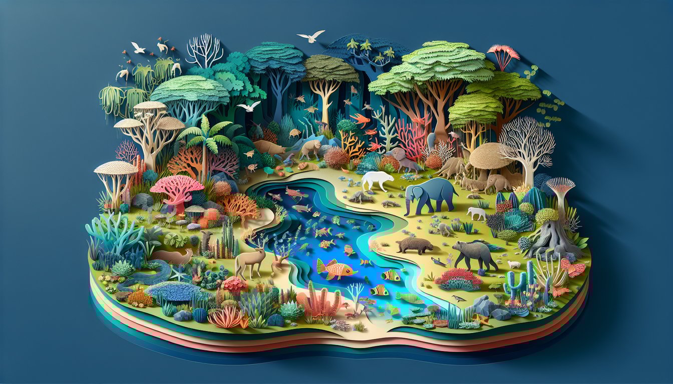 Paper art style collage showing plants, animals, insects and water droplets on dark blue background for biodiversity quiz