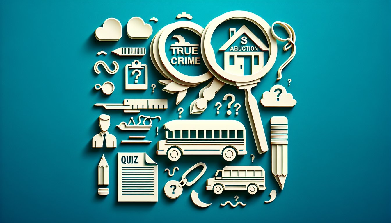 Paper art illustration of school bus abduction scene with quiz title text on teal background