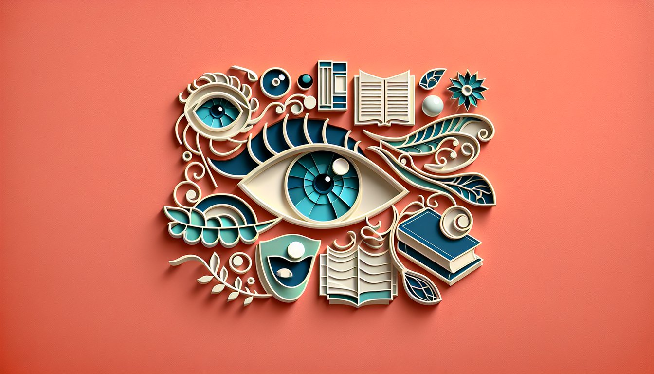 Paper art illustration of open book and floating vocabulary cards unfathomable roguishly on coral background.