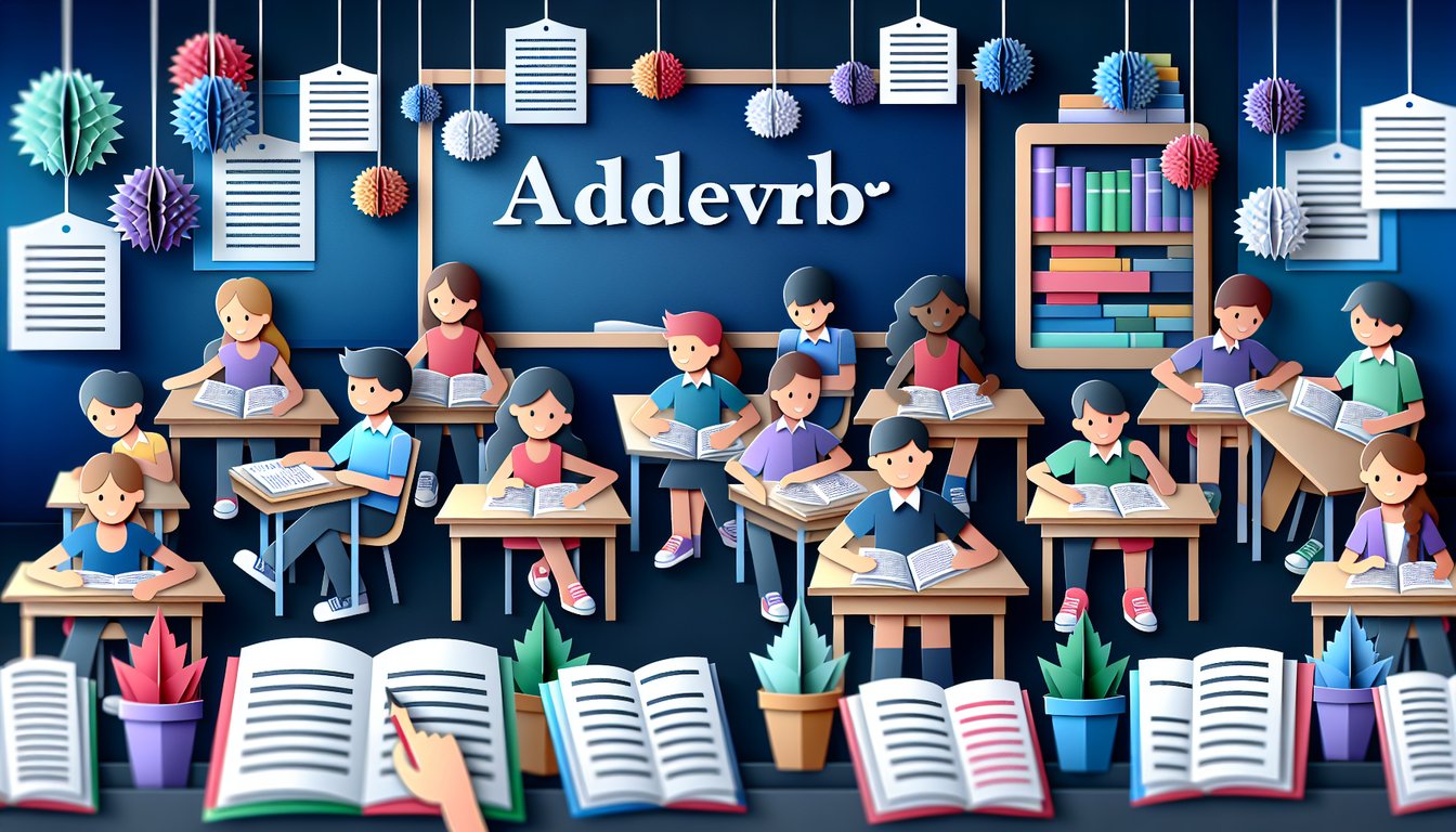 Colorful paper art promoting Adverb Frequency Frenzy, an engaging middle school English quiz.