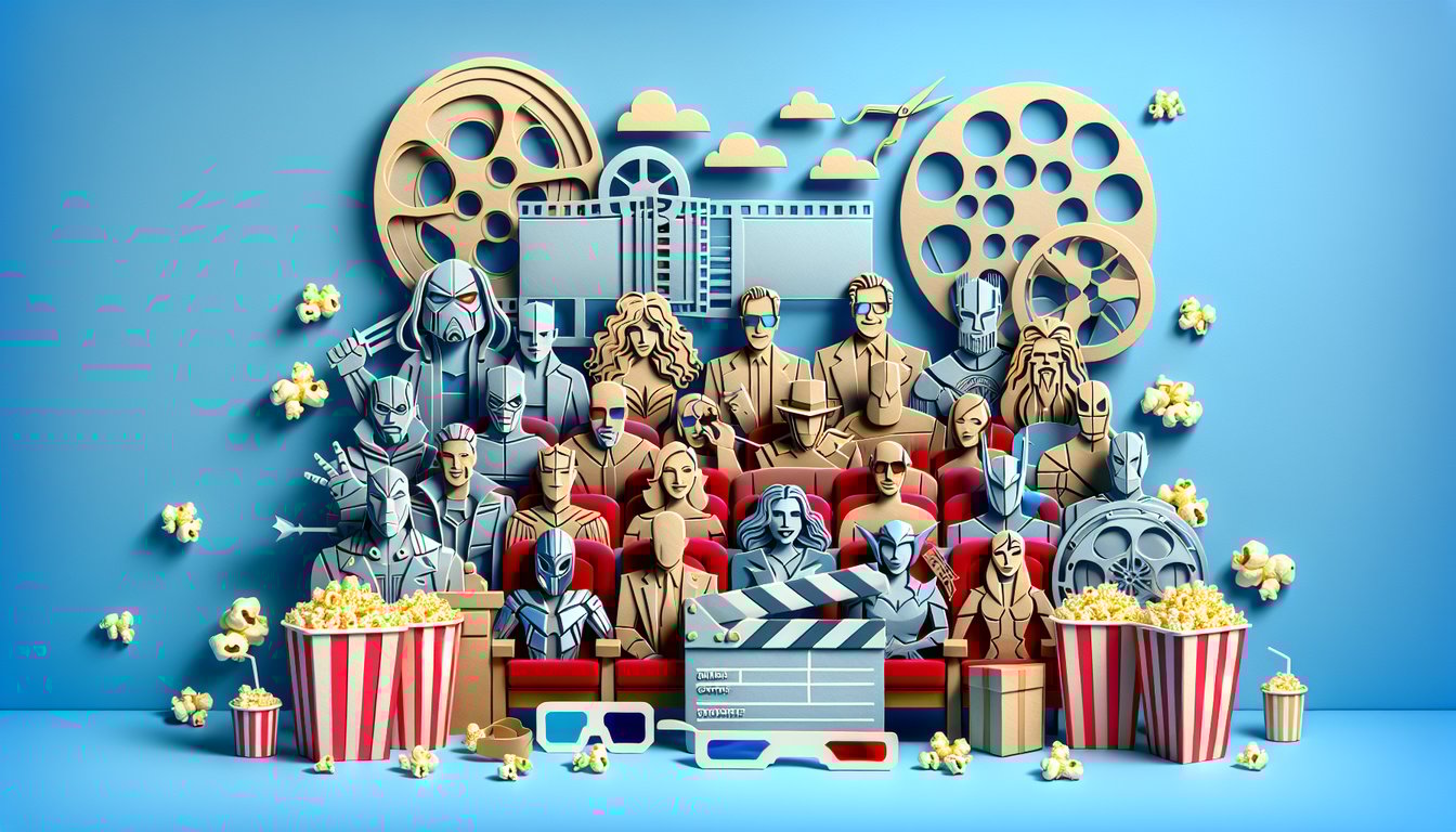 Paper art illustration of movie heroes, villains, iconic characters on sky blue background for free film quiz
