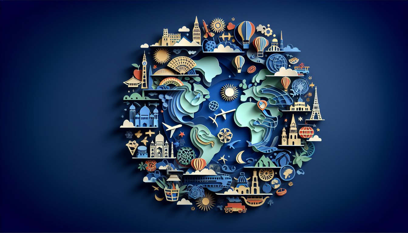 Paper art map, compass and icons on dark blue background suggesting a quiz to discover your ideal country
