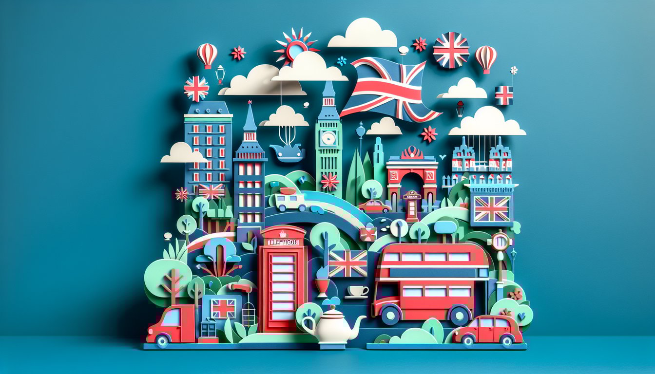 Paper art illustration for British trivia quiz on teal background