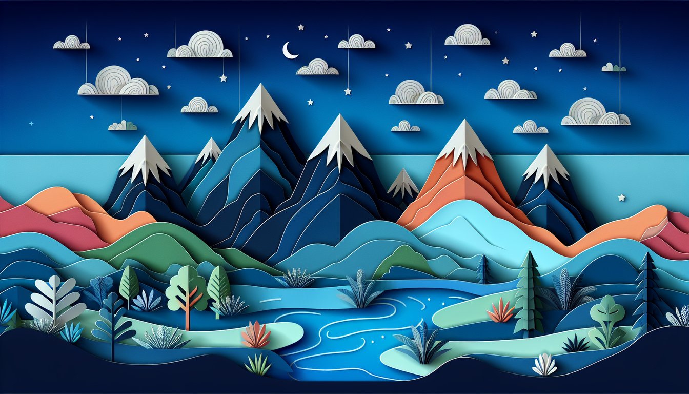 Colorful paper art depicting mountains for a geography knowledge quiz.