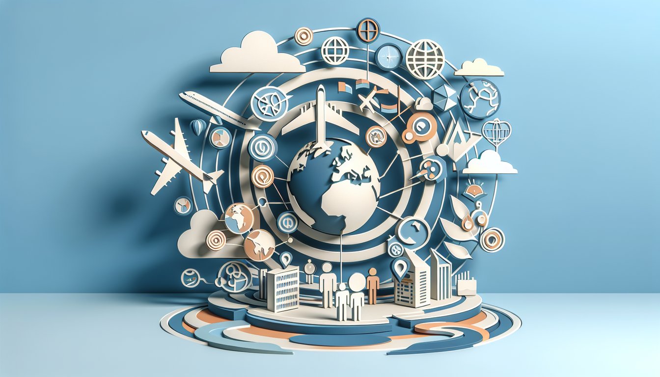 Paper art illustration of world map plane passport chart on sky blue background for international marketing quiz