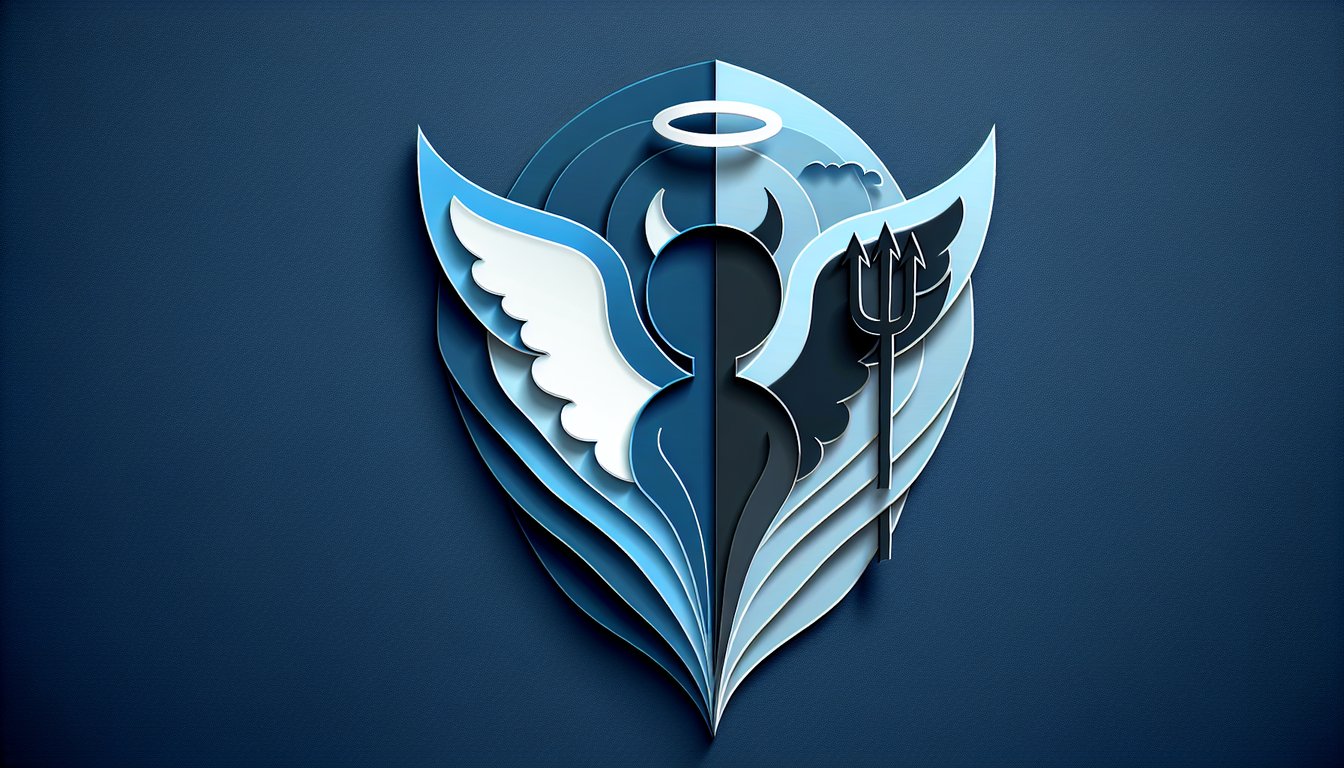 Paper art illustration of angel halo and devil horns split face icons for saint versus sinner quiz on dark blue background
