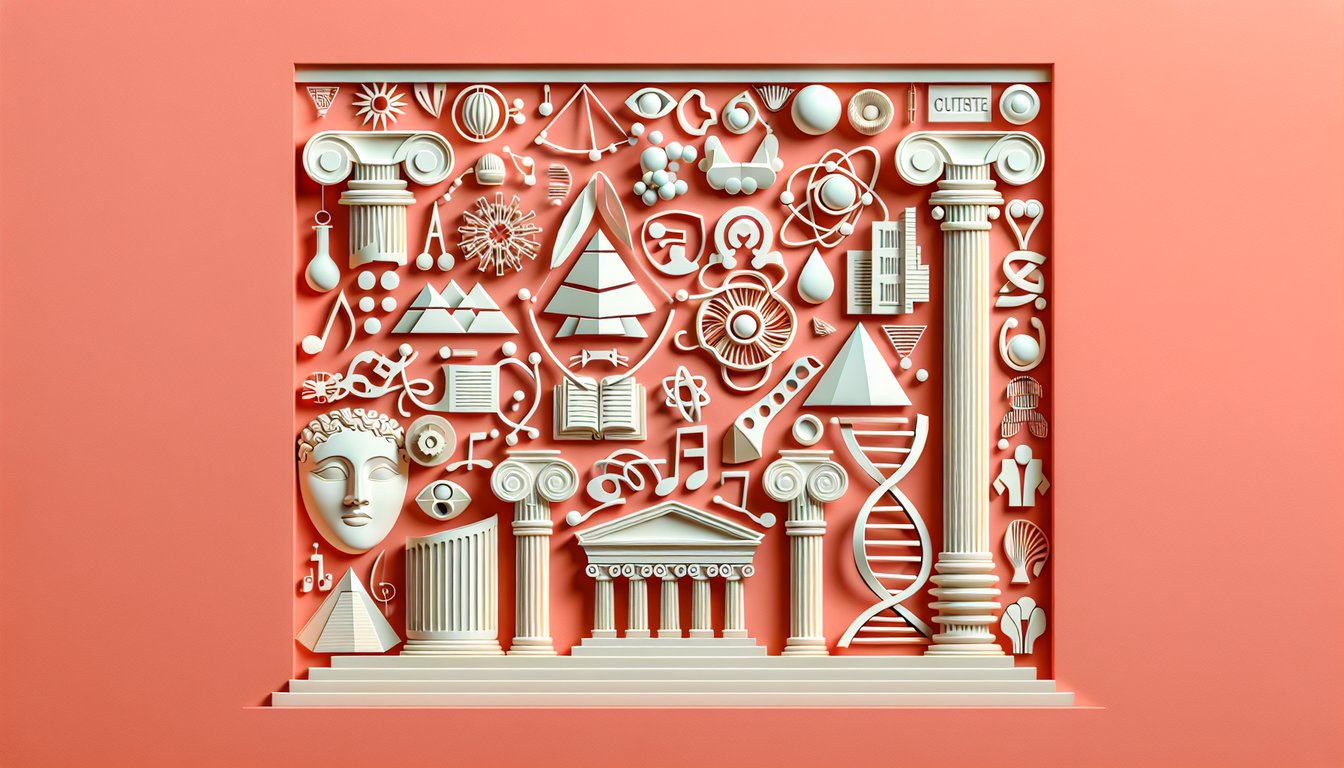 Paper art quiz icons question mark book beaker globe gears on coral background for hard general knowledge challenge