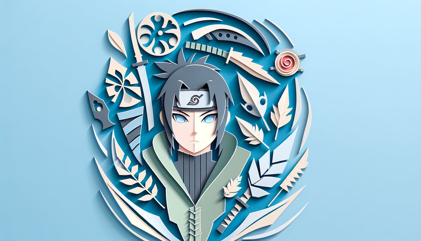 Paper art illustration of custom ninja characters with headbands and kunai on a sky-blue background for a Naruto quiz.