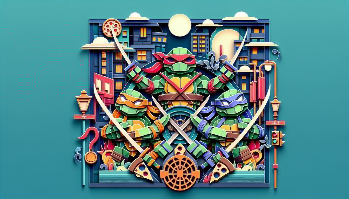 Paper art illustration of four stylized turtle silhouettes and quiz title on teal background testing TMNT knowledge