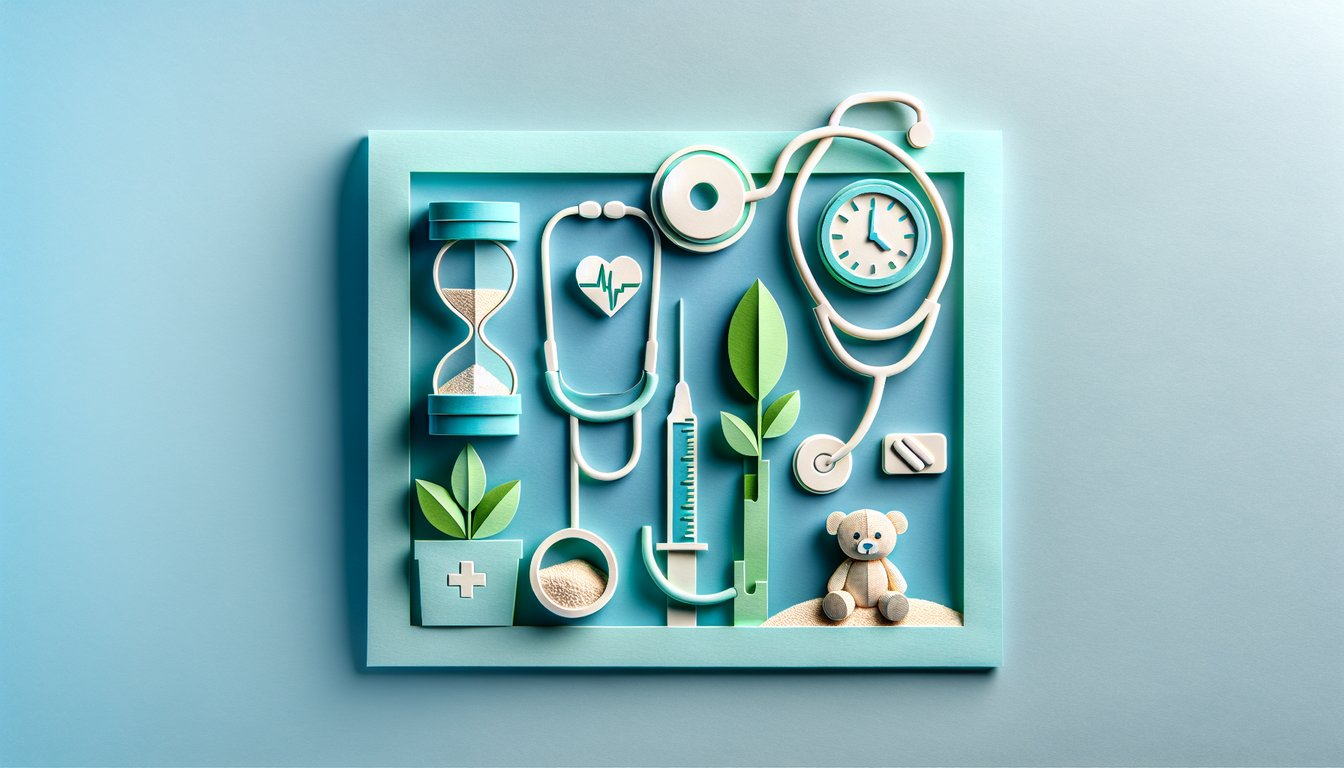 Paper art illustration for RN VATI pediatric nursing quiz on a teal background