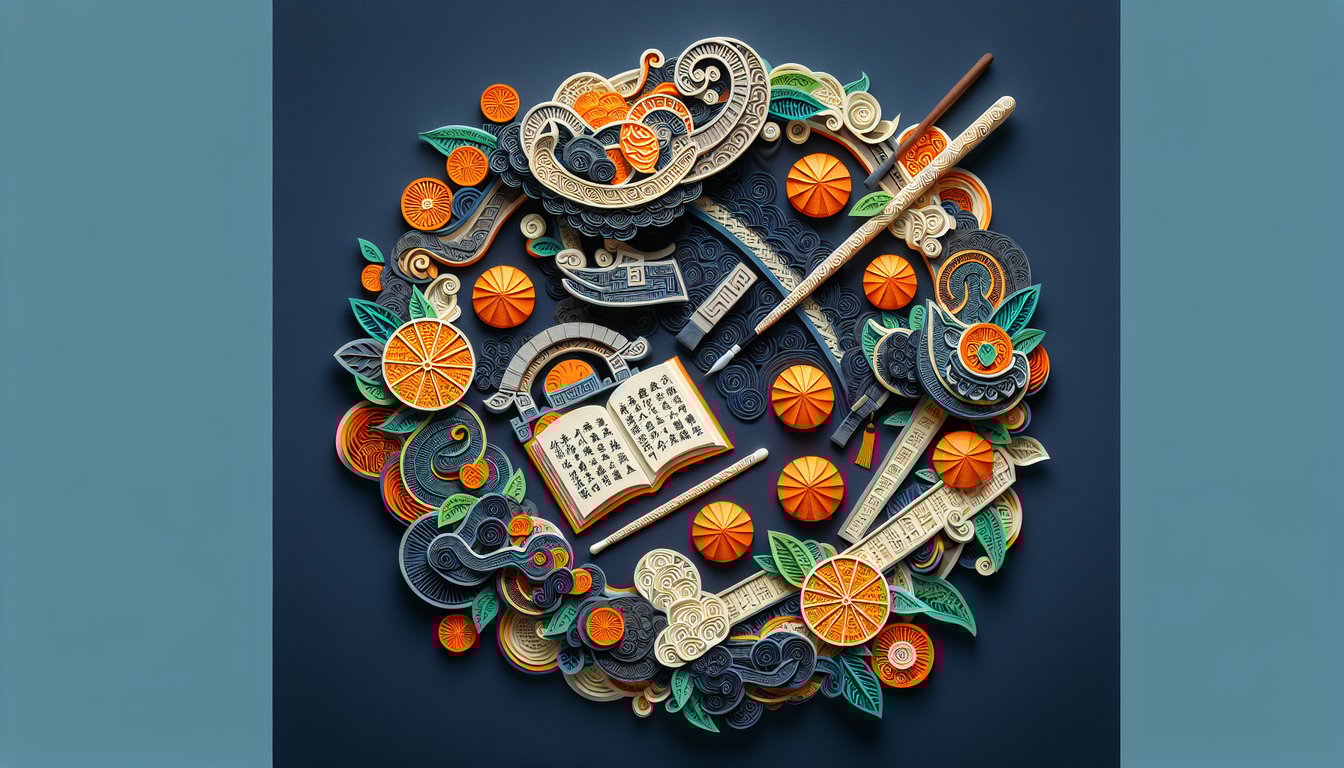Colorful paper art depicting elements related to Mandarin Proficiency Placement Test quiz