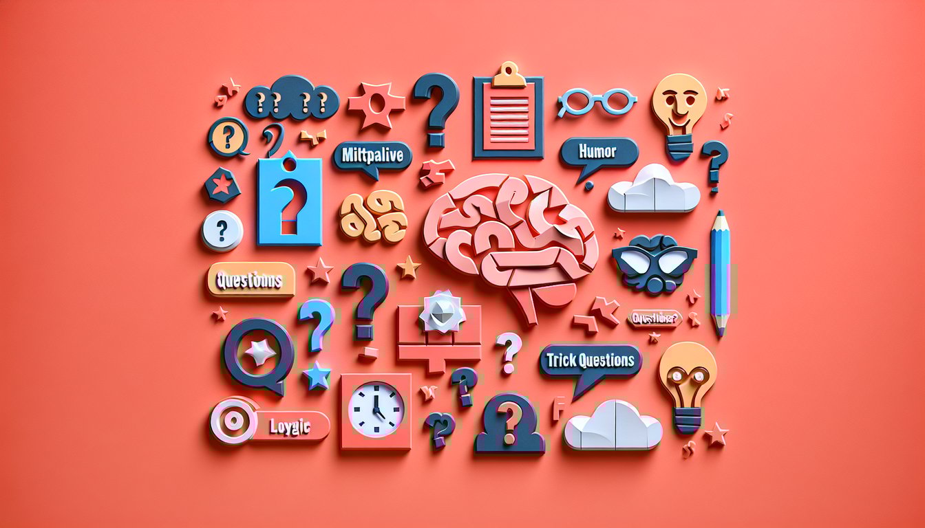Paper art illustration for a humor and logic-based multiple choice questions quiz on a coral background.