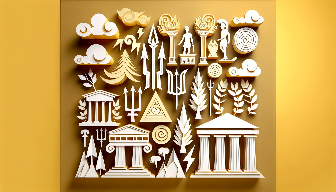 Paper art illustration with Greek column silhouettes and cabin symbols on golden yellow background