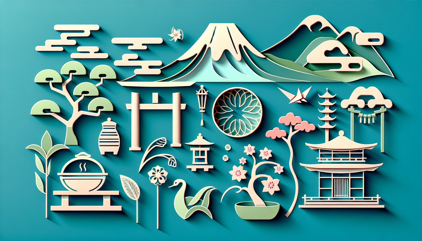 Paper art style Japanese quiz theme featuring stylized faces symbols fans lanterns sakura on teal background
