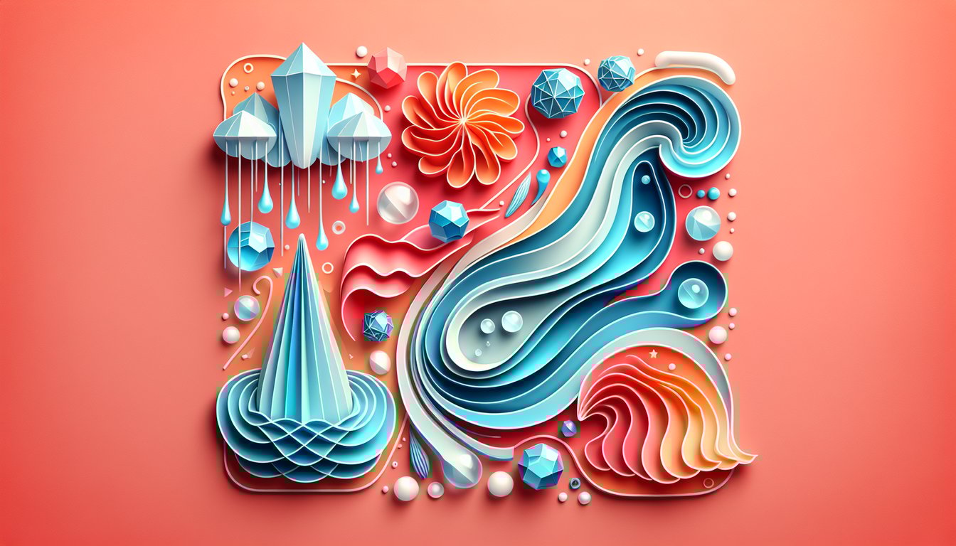 Paper art illustration with solid liquid and gas shapes for a states of matter quiz on coral background