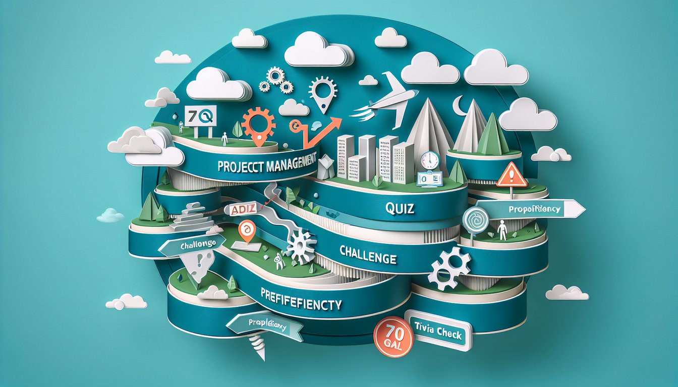 Paper art illustration of clipboard pencil gears and charts symbolizing project management quiz on teal background