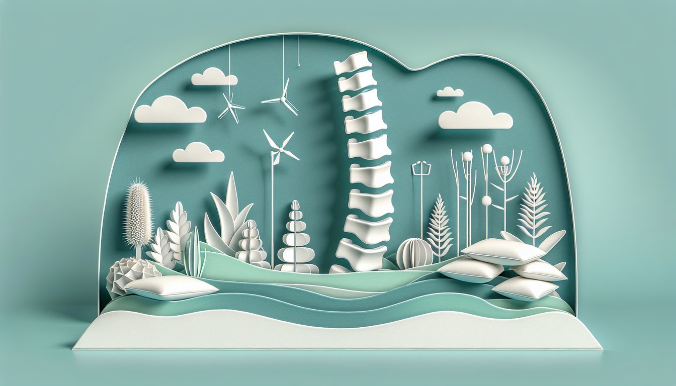 Stylized paper art spine and back muscles layered on teal background for back pain quiz prompt.