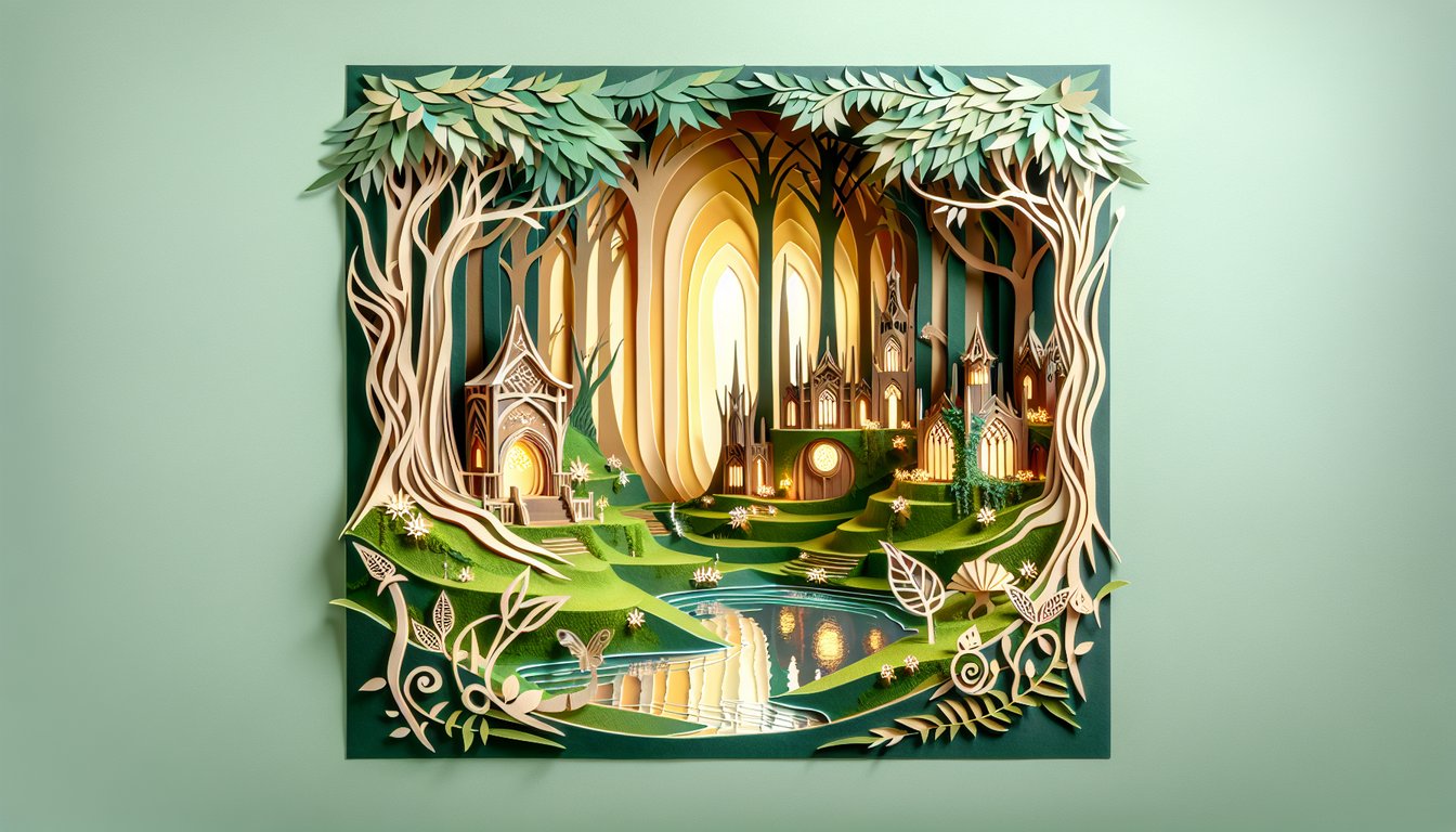 Paper art illustration for Hobbit elf personality quiz on golden yellow background