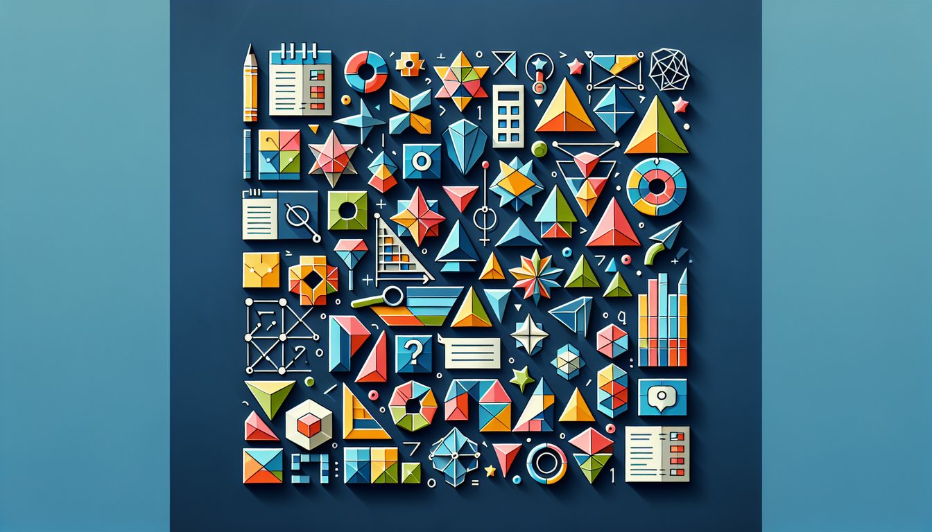 Colorful paper art promoting Poly Power Play, a geometry quiz for middle school students.