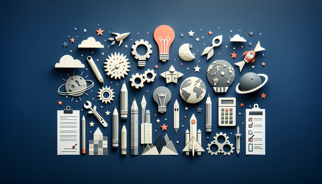 Colorful paper art depicting various creative tools for a knowledge quiz