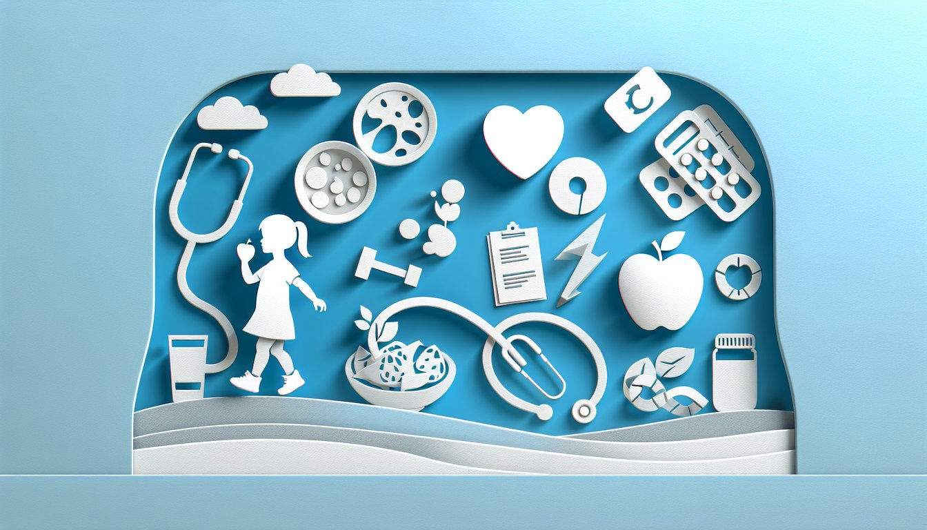 Paper art illustration for a diabetes symptom quiz for children on a sky blue background.