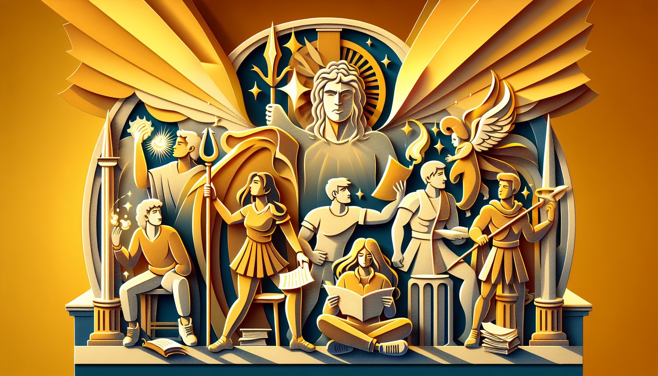 Percy Jackson character quiz paper art illustration on a golden yellow background