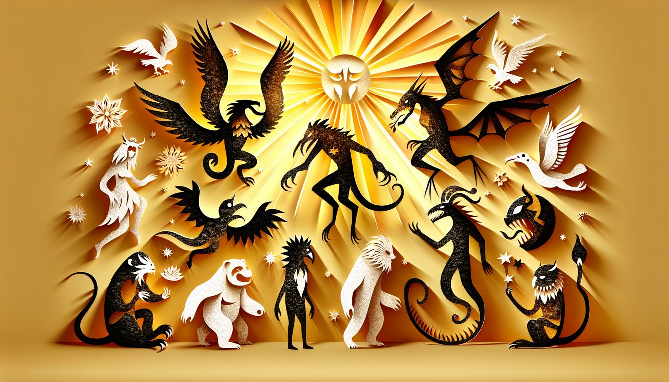 Paper art illustration for Grimm creature personality quiz on a golden yellow background.