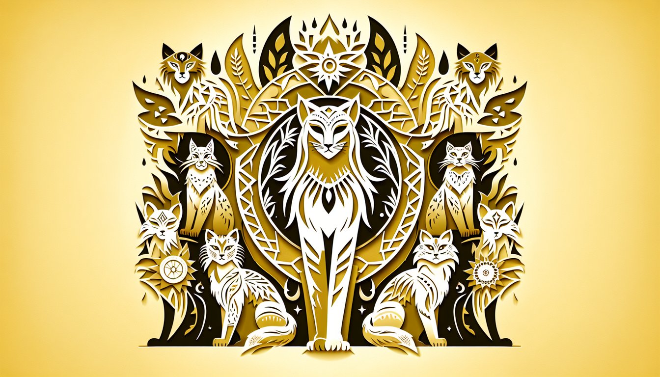 Paper cut art warrior cat head silhouette on golden yellow background with bold she cat quiz title