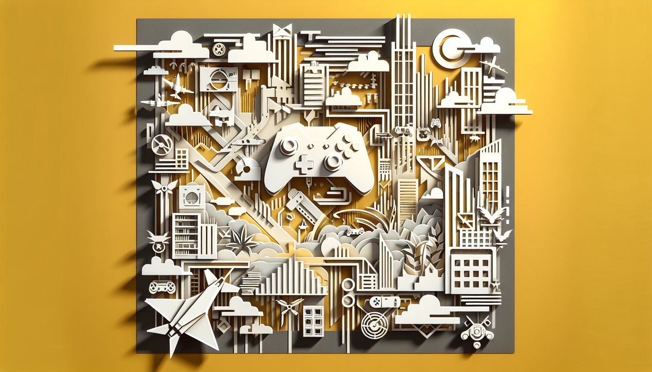 Paper art quiz cover for GTA 4 story challenge with paper cut characters and city skyline on golden yellow background