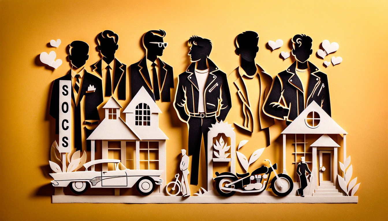 Paper art illustration for Soc vs Greaser quiz on golden yellow background
