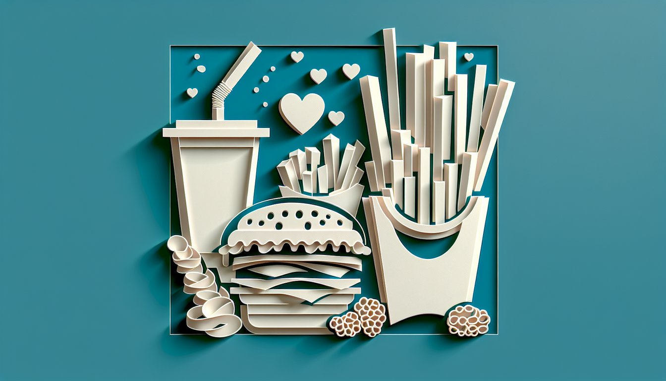 paper art cutouts of burger, fries, soda and stylized fast food brand symbols on teal background for logo quiz