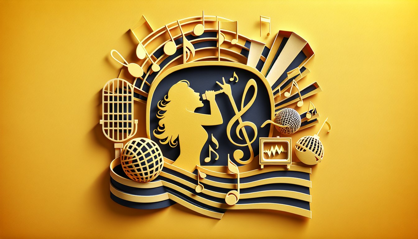 paper art illustration of quiz banner featuring Hannah Montana song lyrics challenge on golden yellow background