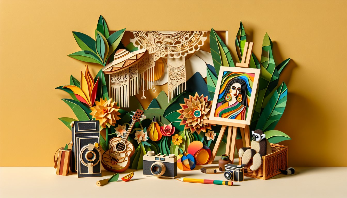 Frida Kahlo paper art portrait with floral headpiece and decorative quiz banner on golden yellow background.