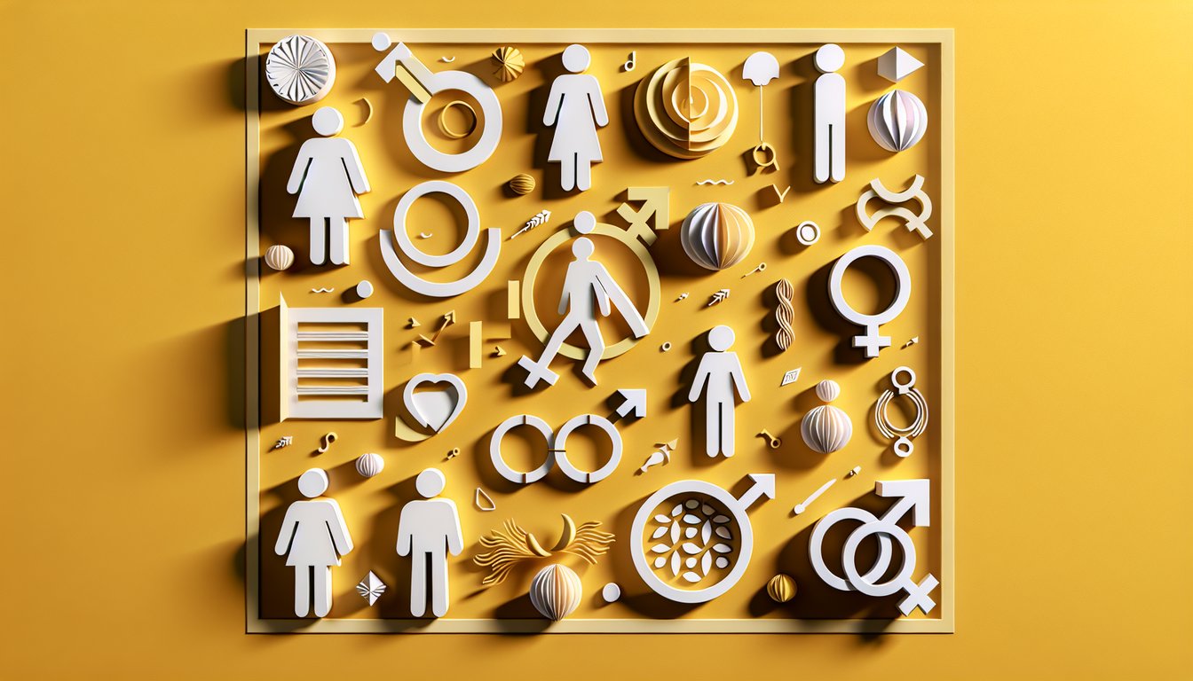 Paper art illustration for gender identity exploration quiz on golden yellow background