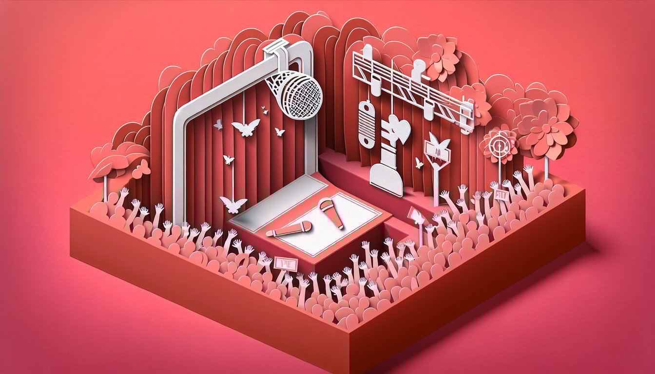 Paper art illustration for a BTS fandom and personality quiz on a coral background