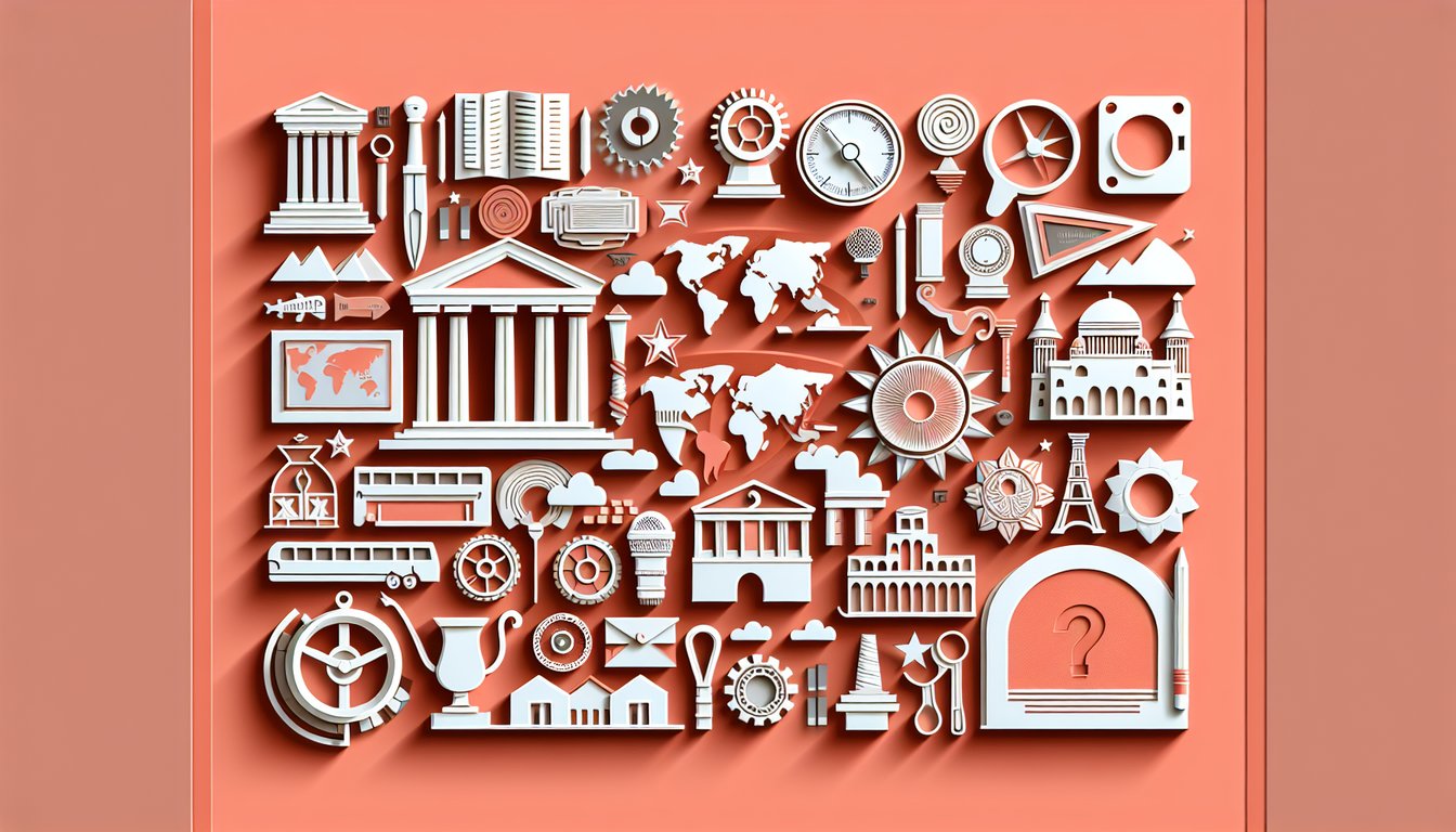 Paper art illustration for world history trivia quiz on a coral background