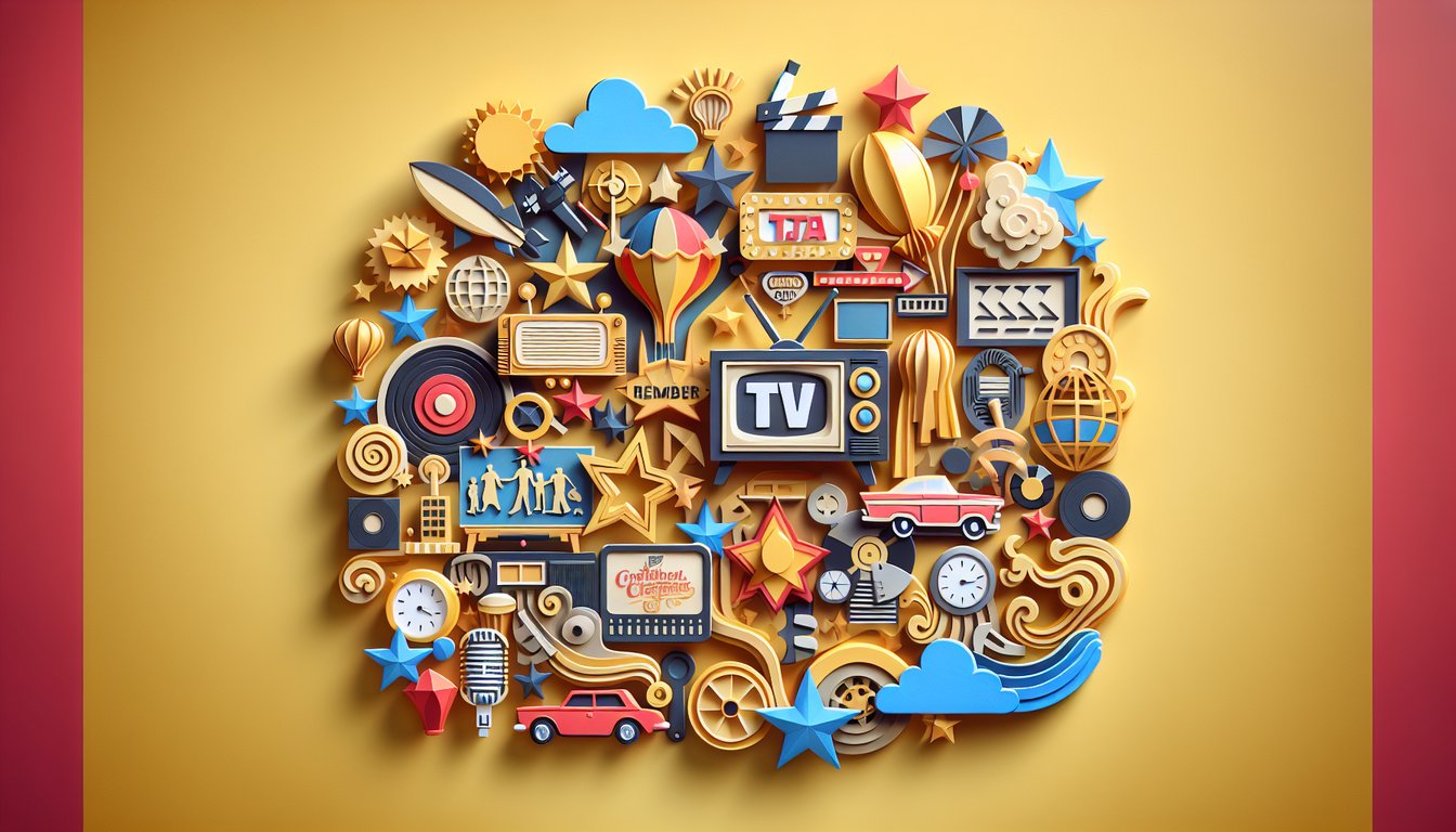 Paper art illustration for classic TV trivia quiz on a golden yellow background