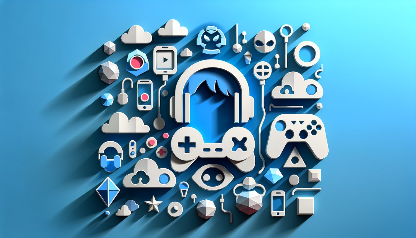 Paper art illustration for a Nintendo personality quiz featuring layered cutouts vibrant shapes on a sky blue background.