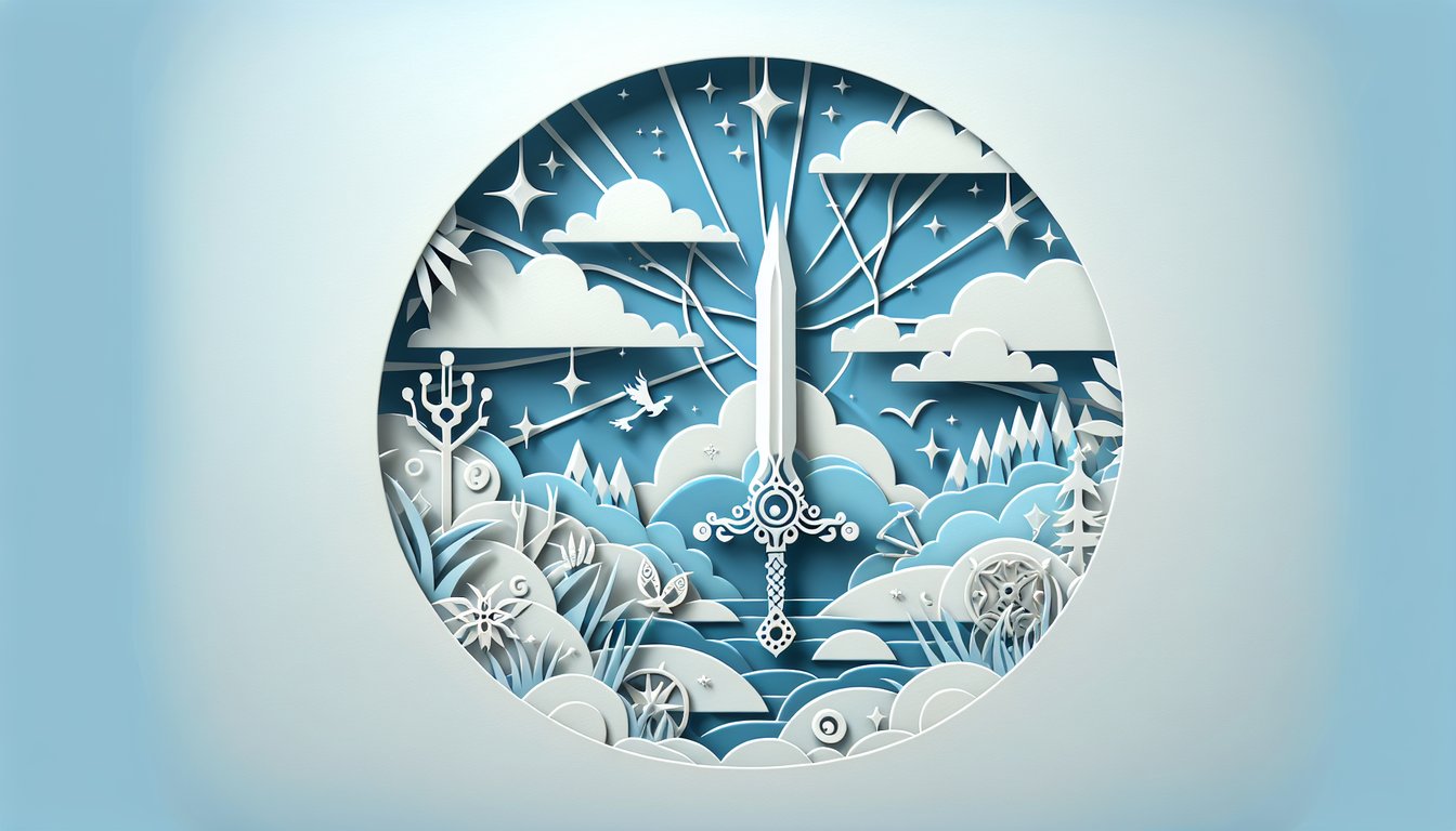 Paper art sword illustration on sky blue background with quiz text inviting users to discover their Eragon blade name