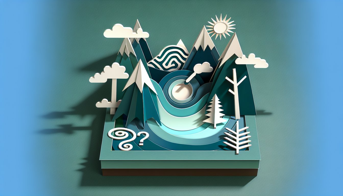 Paper art forest, lodge, coffee cup, owl, sheriff badge, magnifying glass on teal background for Twin Peaks quiz