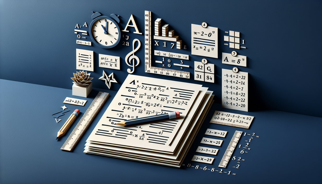 Colorful paper art promoting a trivia quiz for high school algebra study preparation.