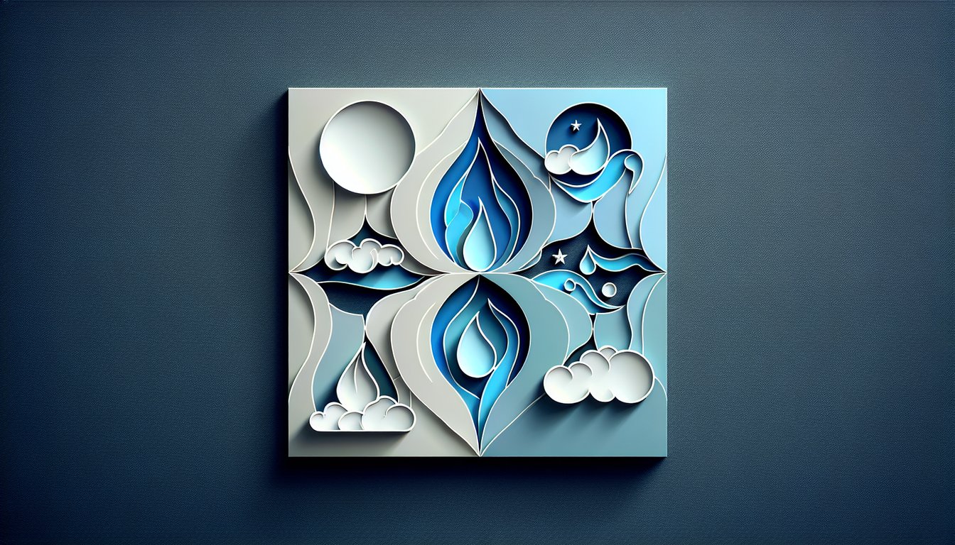 Paper art illustration for Avatar spirit quiz featuring Airbender, Waterbender, Earthbender, Firebender on dark blue background