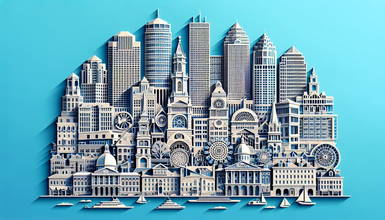 Paper art quiz collage of Boston landmarks State House Fenway Park Freedom Trail ship on sky blue background