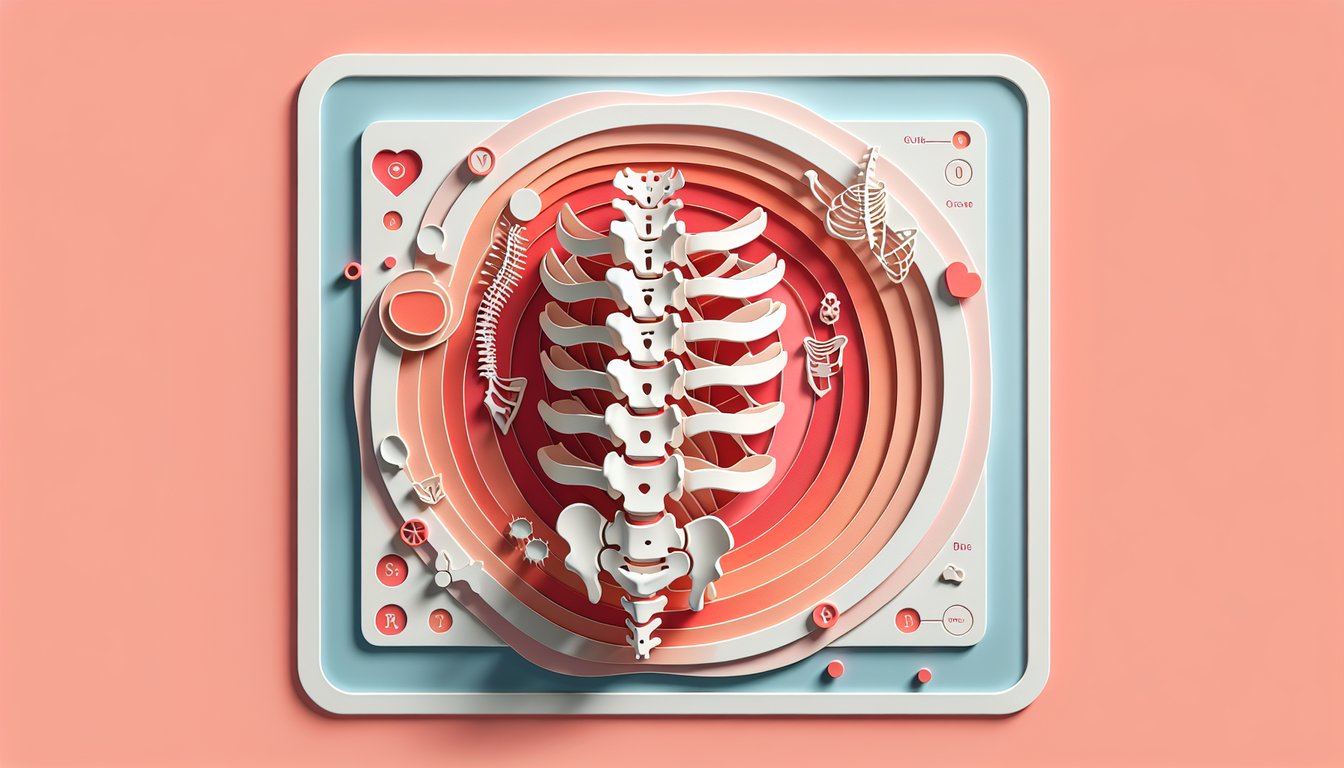 Paper art depiction of vertebral column and rib cage layers quiz graphic on coral background