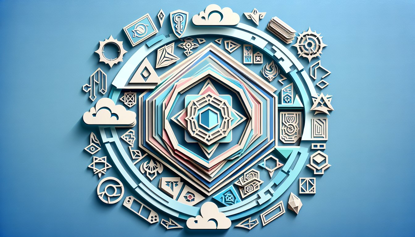 Paper art illustration shows Vanguard Card Game clan emblems on sky blue background inviting players to test clan fit quiz.