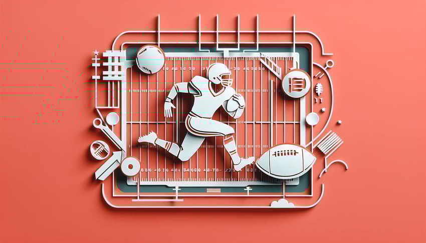 Paper art quiz illustration football helmet lightning bolt Jyles Tucker team milestones iconic plays coral background