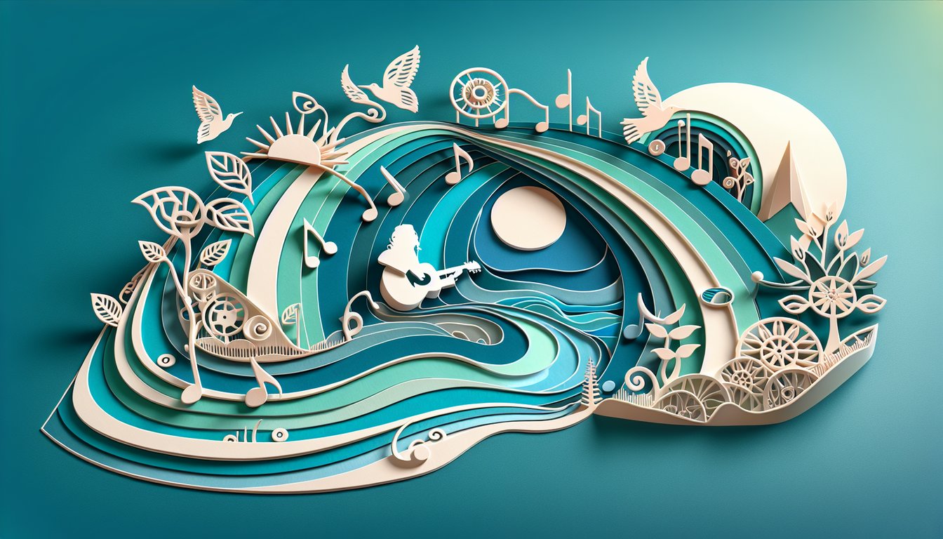 Paper art quiz graphic featuring Van Morrison lyrics quiz title Whenever God Shines His Light on teal background