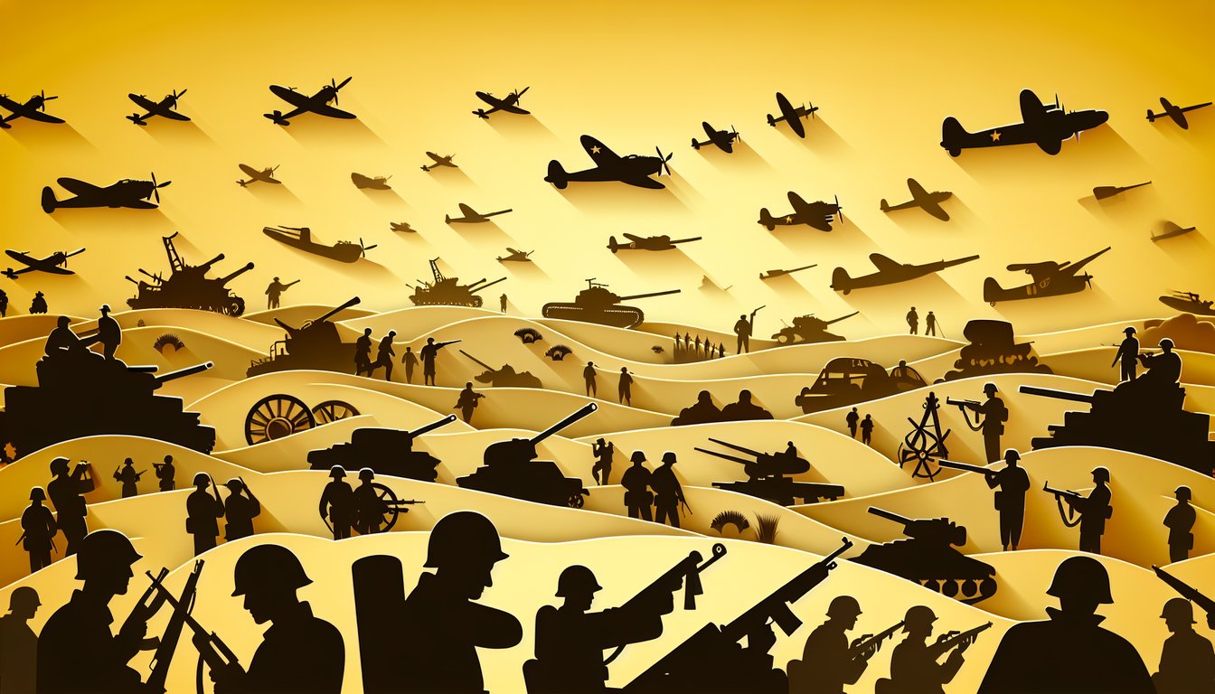 Paper cut style illustration of WWII quiz banner with tank plane helmet medal and question mark on golden yellow background